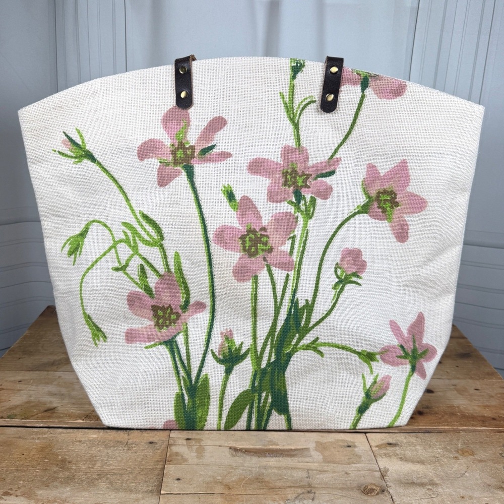 Two's Company Large Floral 100% Jute Tote Bag with Leather Straps